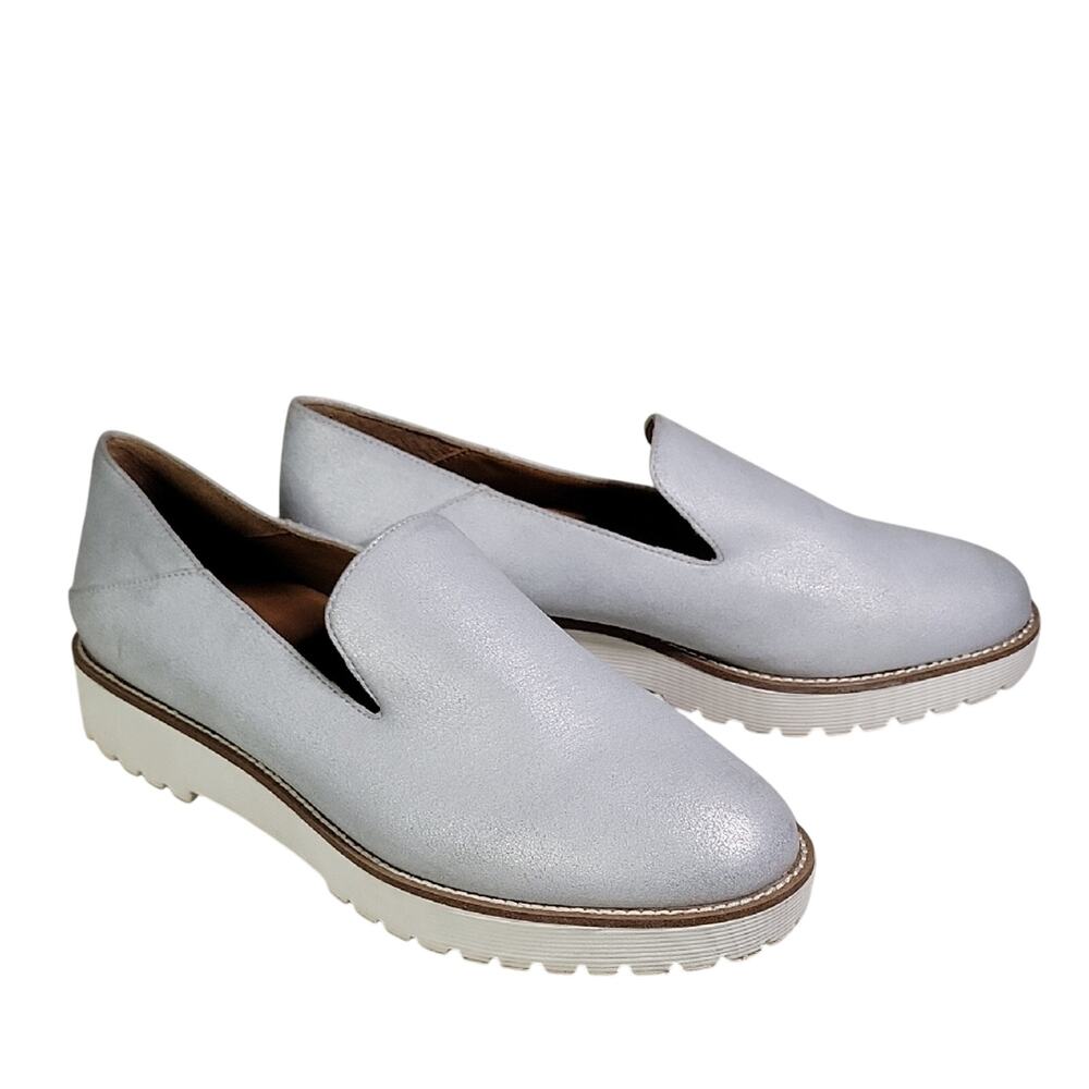 Franco Sarto Jaxton Leather Slip On Metallic Silver Loafers Womens Size 8.5